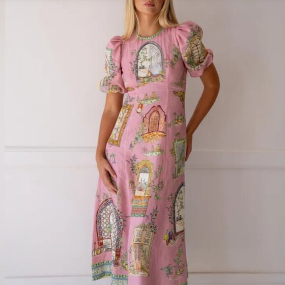 Alemais Monte Linen Midi Dress Pink Print
